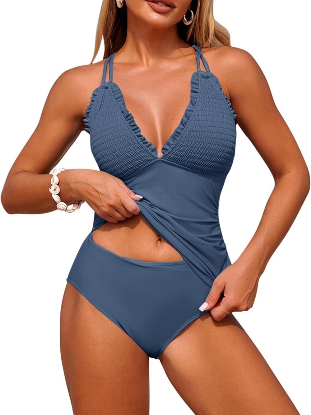 Tankini Smocked Two Piece Sexy Adjustable Straps Modest Tummy Control 2063/bb2-1